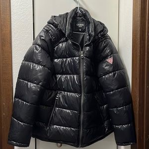 Mens xxl black guess hooded puffer coat jacket .